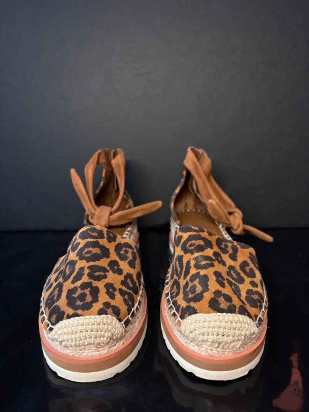 Vince Camuto Leopard Espadrille Platform Sandals Ankle Wrap Rope Sole EU 36 1/2